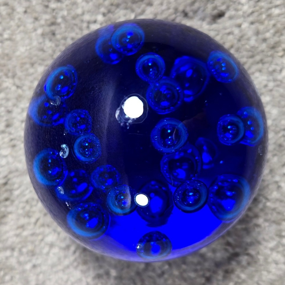 Art Glass Paperweight Cobalt Blue Controlled Bubble Sphere Decor 3in